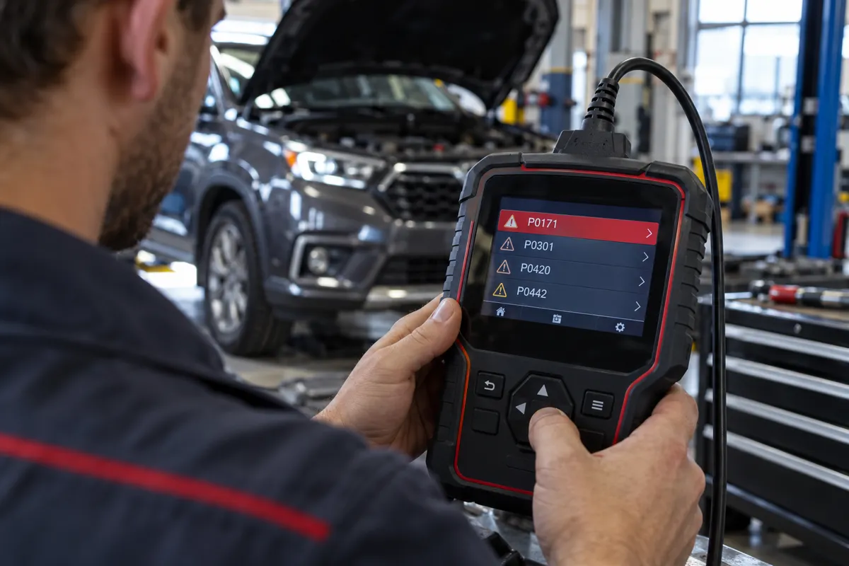 Automotive technician reviewing multiple OBD2 trouble codes on a handheld scanner after a car accident.