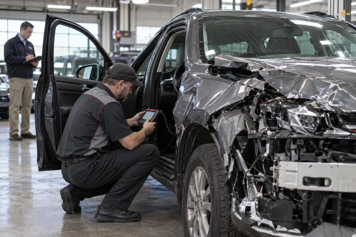 Mechanic assessing a collision-damaged vehicle with an OBD2 diagnostic scanner in a repair shop.