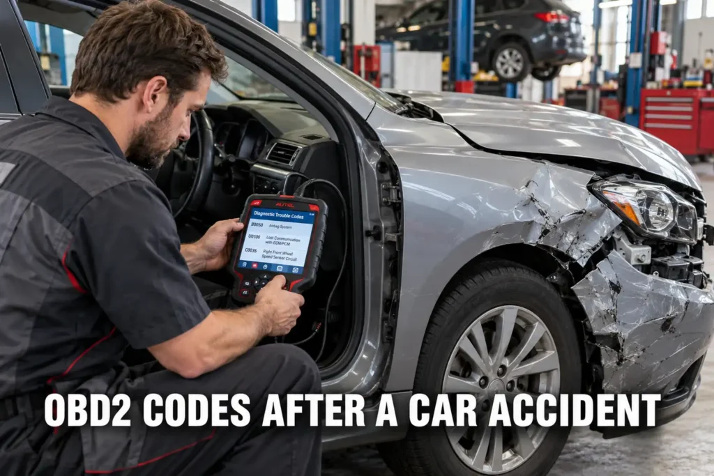 Technician using an OBD2 scan tool to examine vehicle fault codes after a collision.