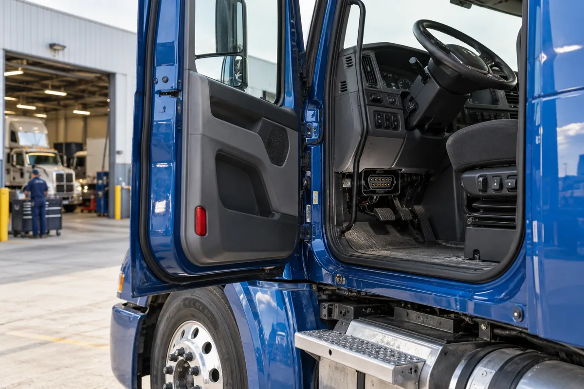 Blue commercial semi-truck with cab door open and diagnostic connector visible beneath the dashboard.