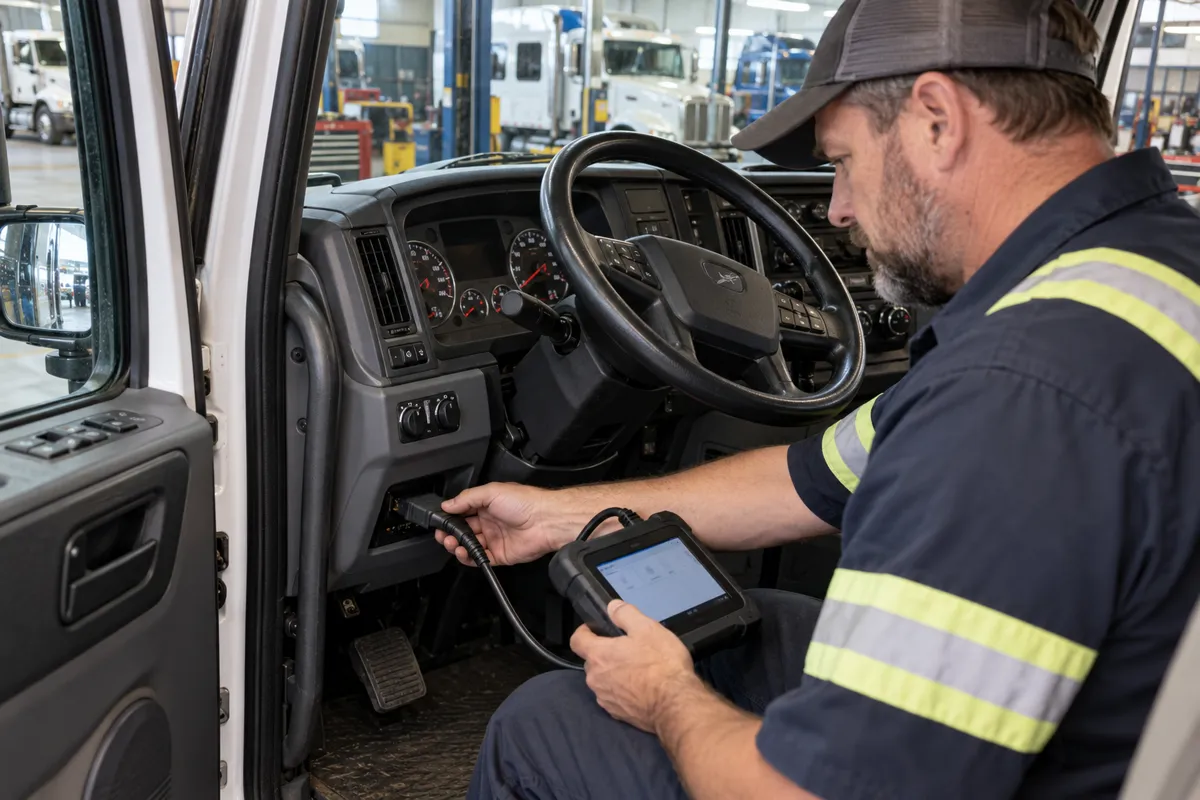 Fleet mechanic connecting a heavy-duty diagnostic scanner inside a commercial truck cab to read J1939 data.