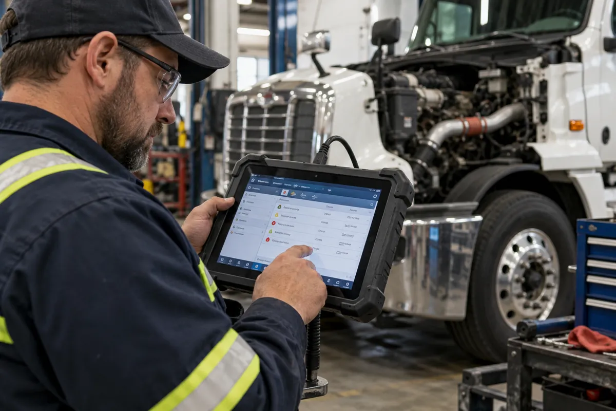 Truck technician reviewing trouble codes on a rugged tablet beside a semi-truck in a service bay.