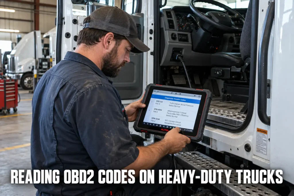 Truck mechanic using a diagnostic scanner inside the cab of a heavy-duty vehicle.