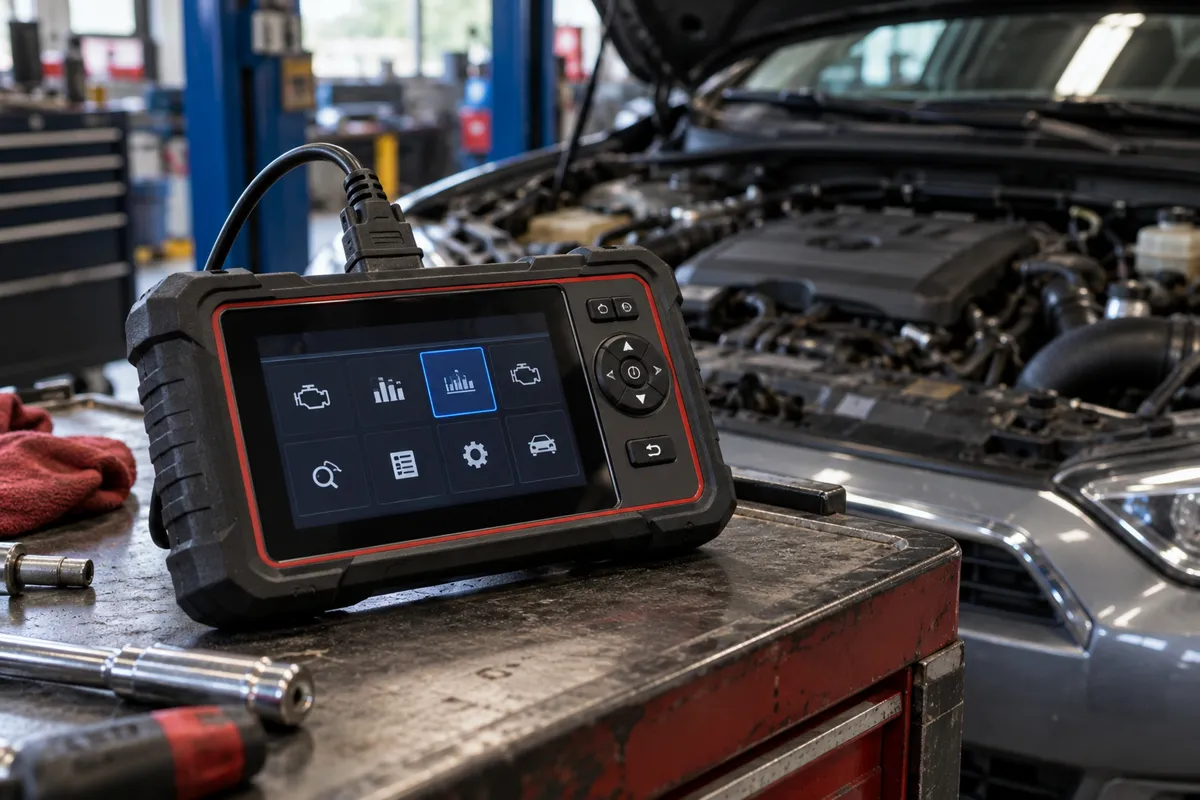 Professional OBD2 scanner displaying a diagnostic function menu on a workshop bench beside an open engine bay.