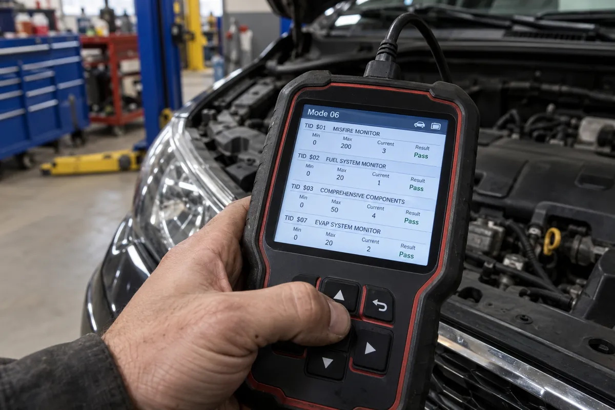 Close-up of a handheld scan tool showing Mode 06 monitor test values and pass results.