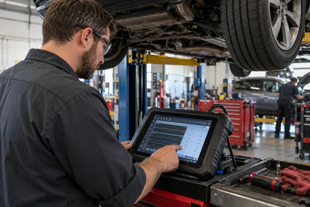Mechanic reviewing vehicle diagnostic test data on a tablet beside a car raised on a lift.