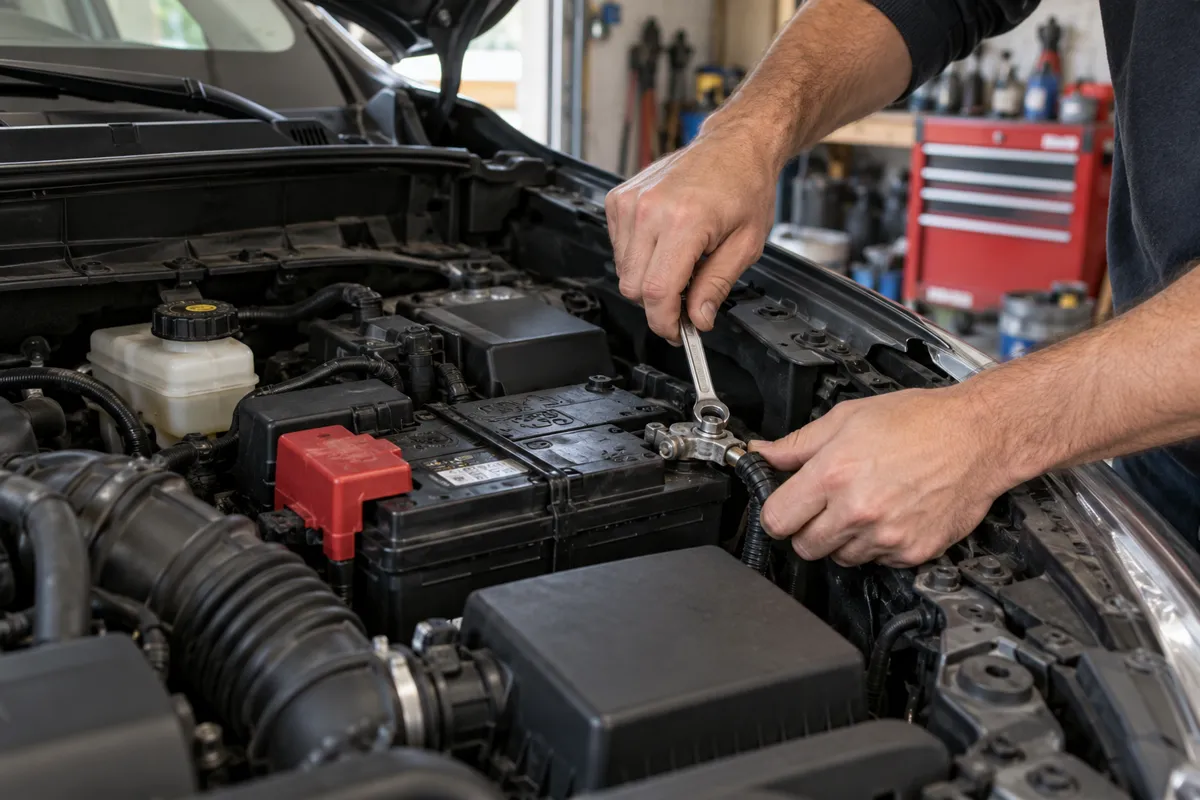 Hands loosening the negative car battery terminal clamp with a wrench under the open hood.