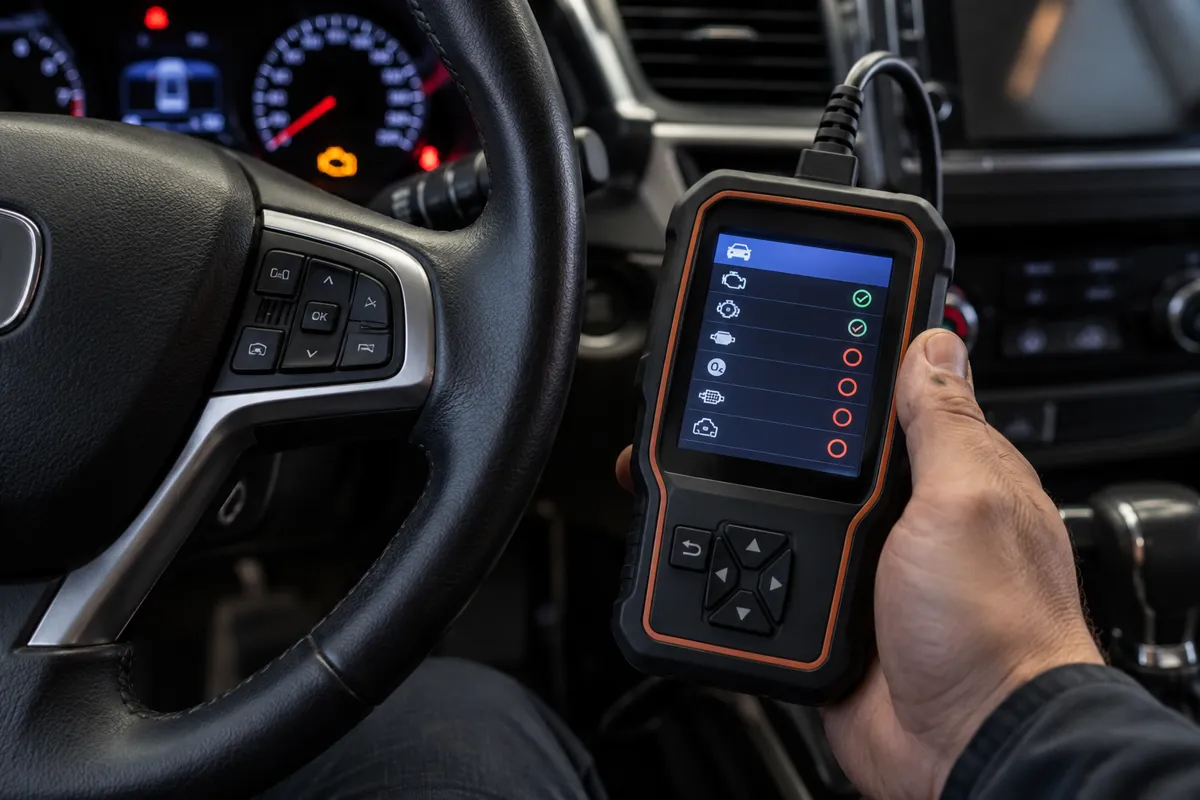 Handheld OBD2 scanner displaying readiness monitor status symbols inside a car after disconnecting the battery.