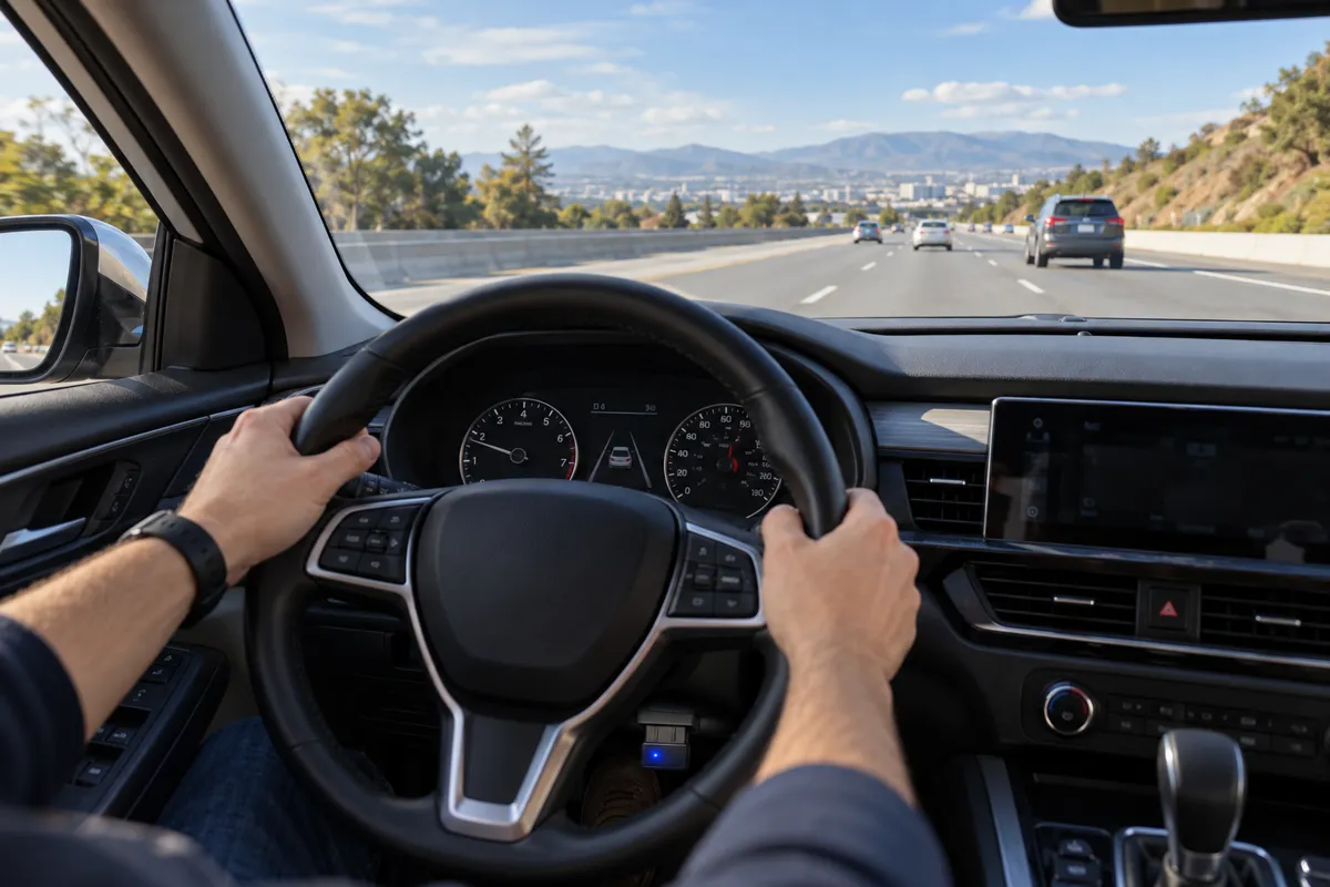Driver following a highway drive cycle with a small Bluetooth OBD2 adapter plugged in beneath the dashboard.