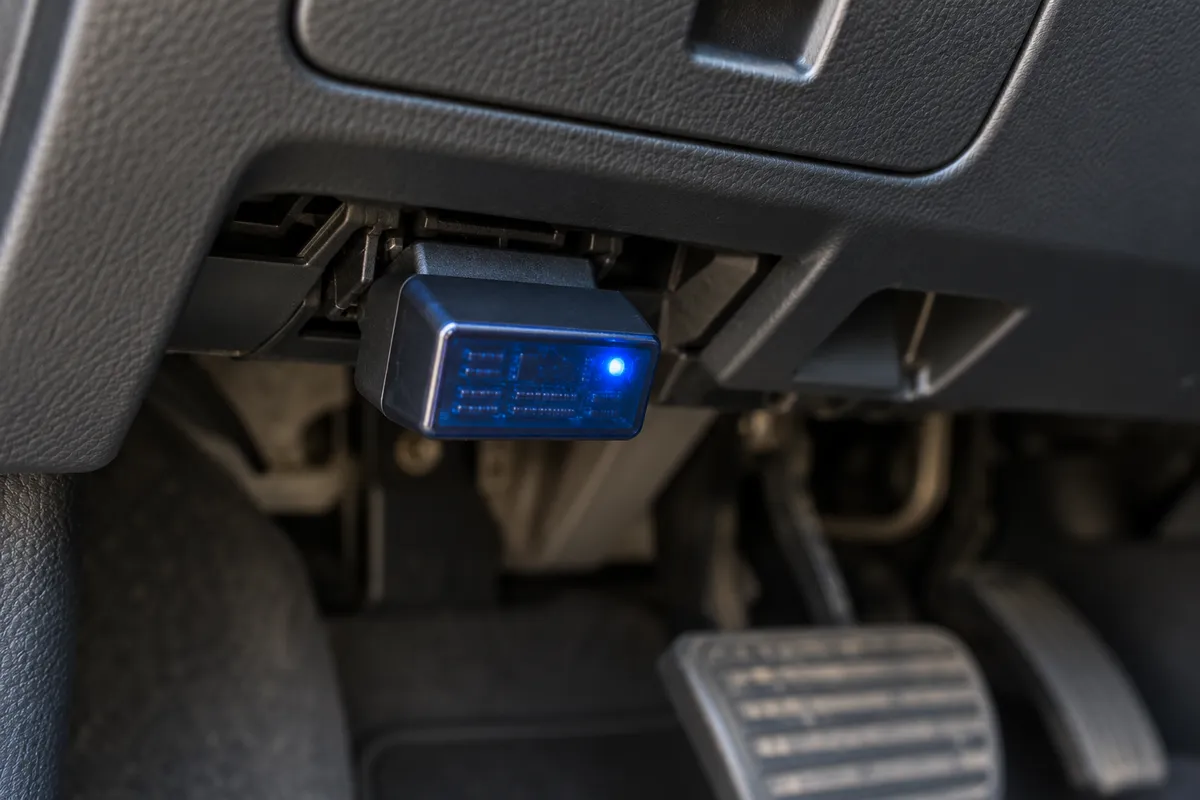 Compact blue Bluetooth ELM327 adapter plugged into a vehicle OBD2 port beneath the dashboard.