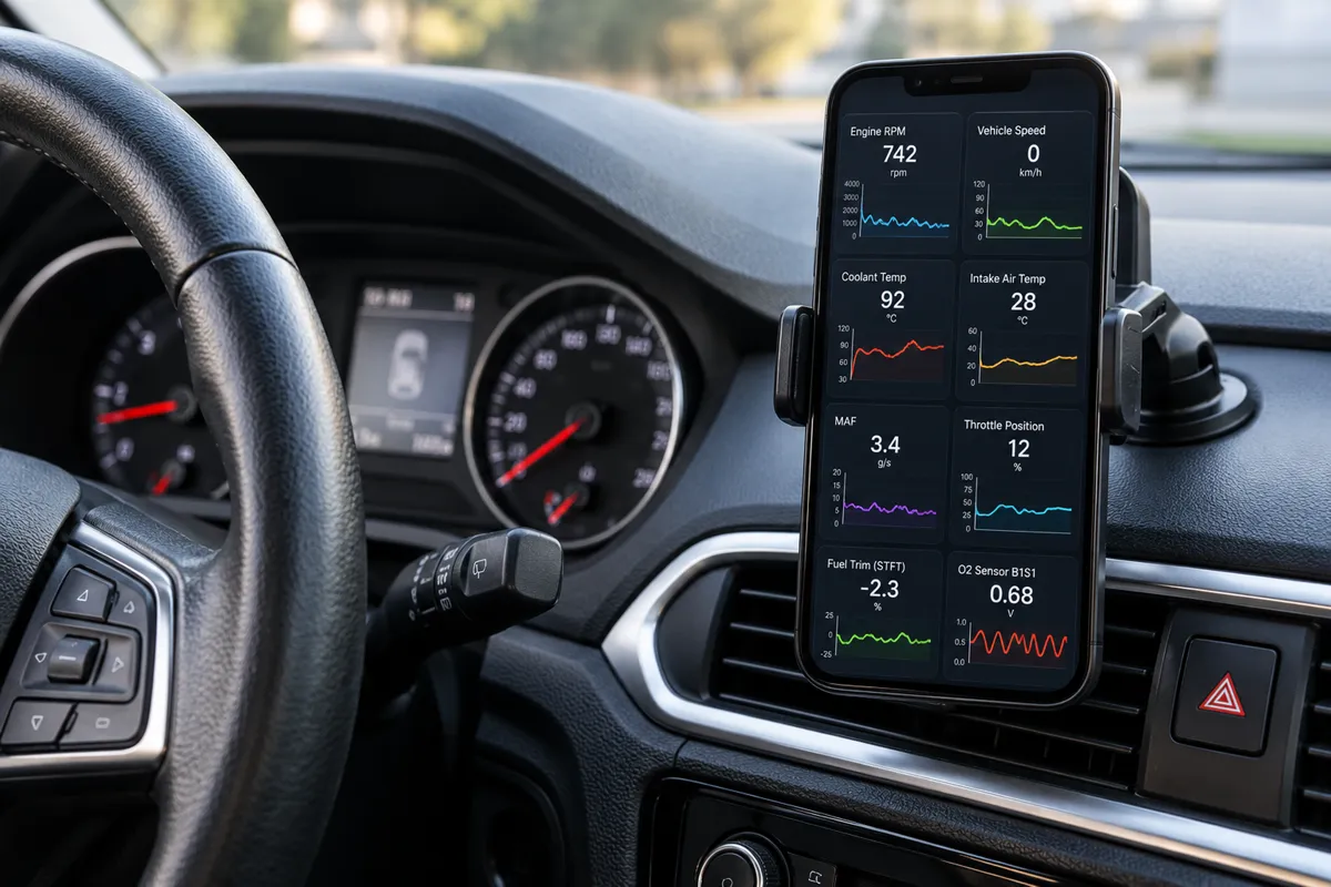 Smartphone showing live engine RPM, temperature, airflow, fuel trim, and oxygen sensor readings.