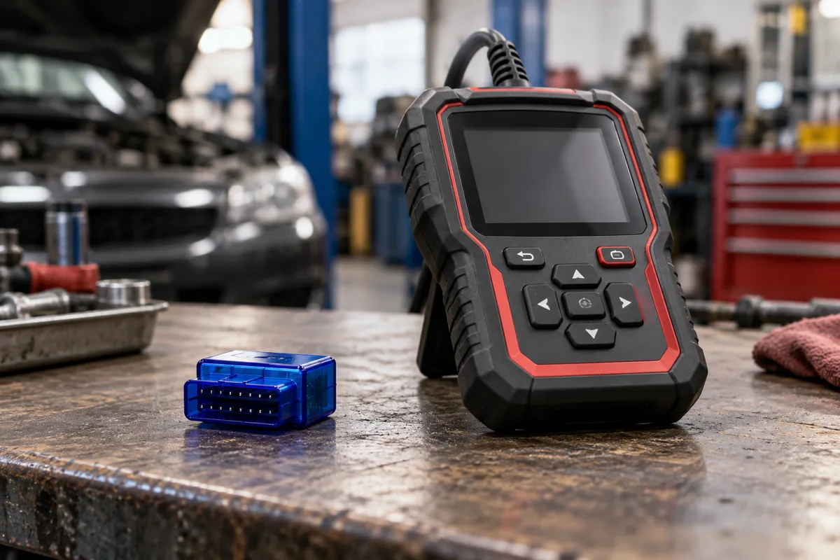 Small blue ELM327 Bluetooth adapter beside a professional handheld OBD2 scan tool on a workbench.