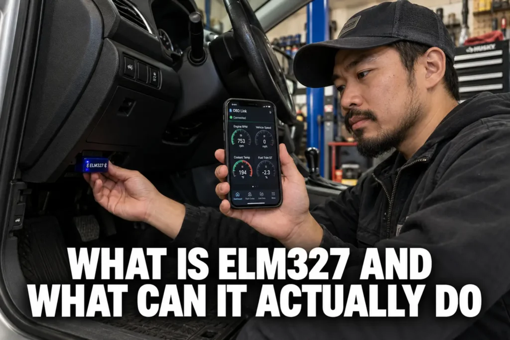 ELM327 Bluetooth OBD2 adapter plugged into a vehicle while a smartphone displays live engine diagnostics.