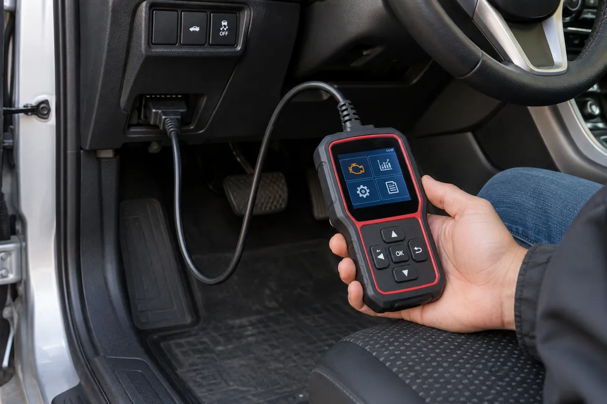 Handheld wired OBD2 scanner connected by cable to a vehicle's diagnostic port beneath the driver's dashboard.