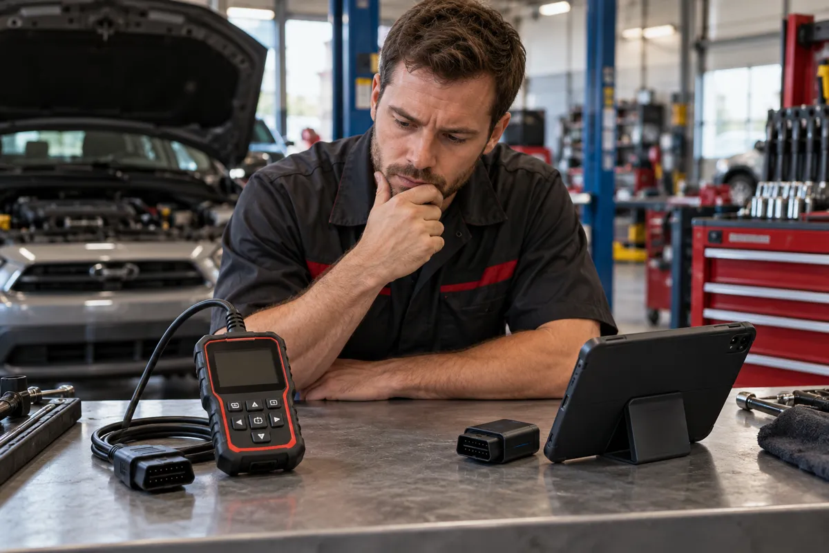 Handheld wired OBD2 scanner and compact Bluetooth adapter on an automotive workbench for comparison.