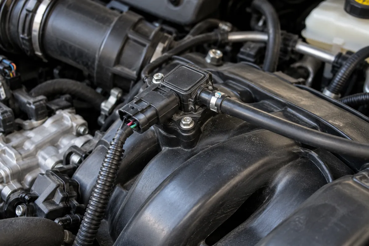 MAP sensor mounted on a car engine intake manifold with its electrical connector visible.
