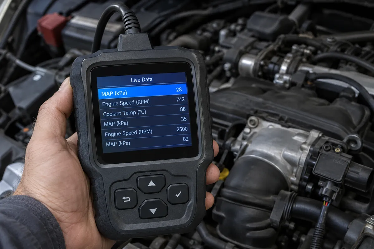 Handheld OBD2 scan tool displaying manifold absolute pressure readings in kilopascals near an engine bay.