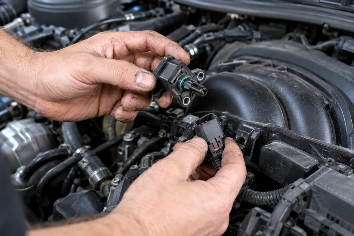 Mechanic disconnecting and inspecting a manifold absolute pressure sensor in a modern engine bay.