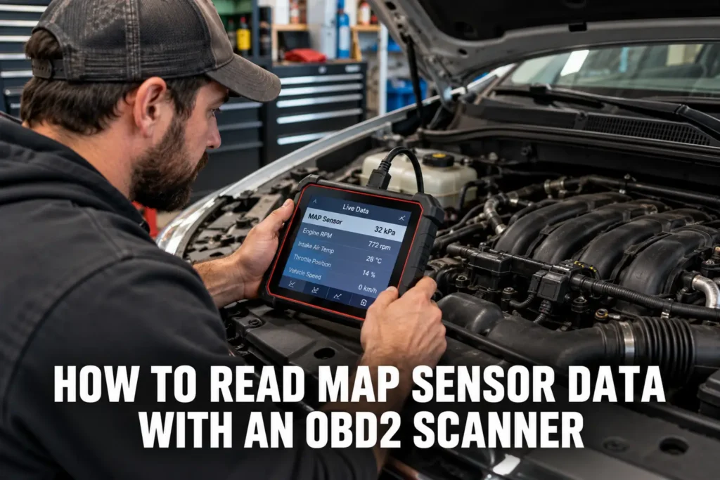 Technician studying manifold absolute pressure and engine operating data on an OBD2 scanner.