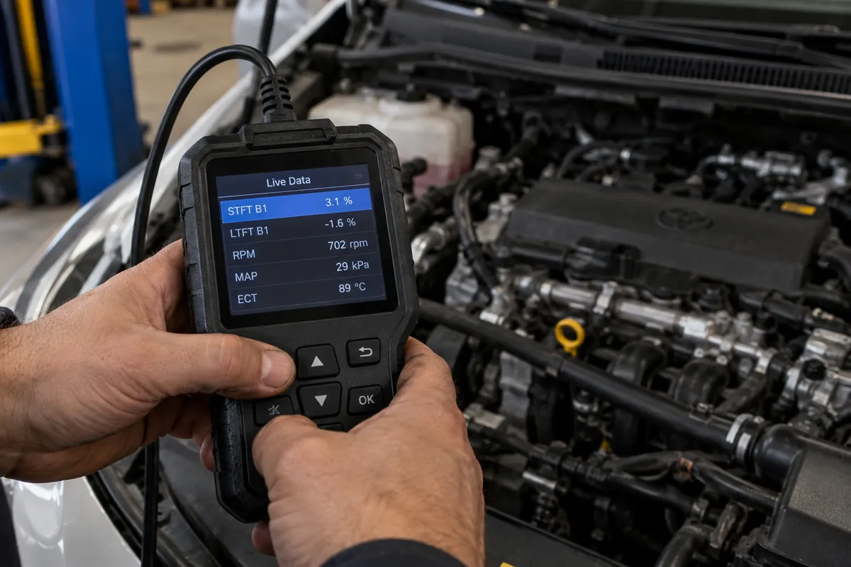 Technician holding an OBD2 scanner showing short-term fuel trim on an idling engine in a workshop.