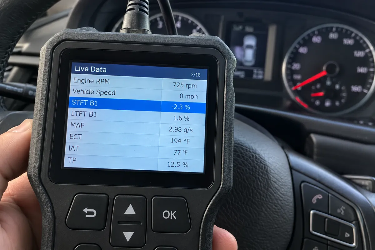 Close-up of an OBD2 scanner screen with STFT Bank 1 and LTFT Bank 1 percentages.