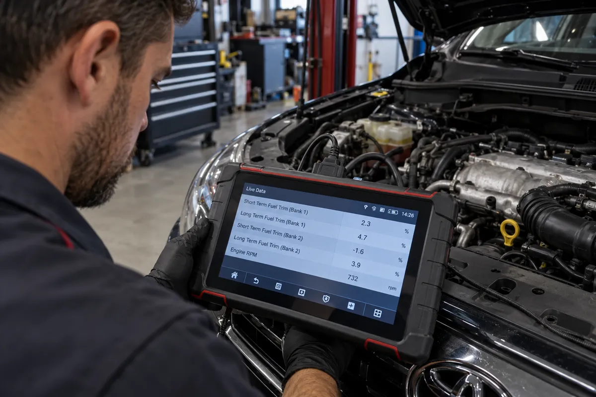 Automotive technician comparing short-term and long-term fuel trim readings on a professional diagnostic tablet beside an open hood.