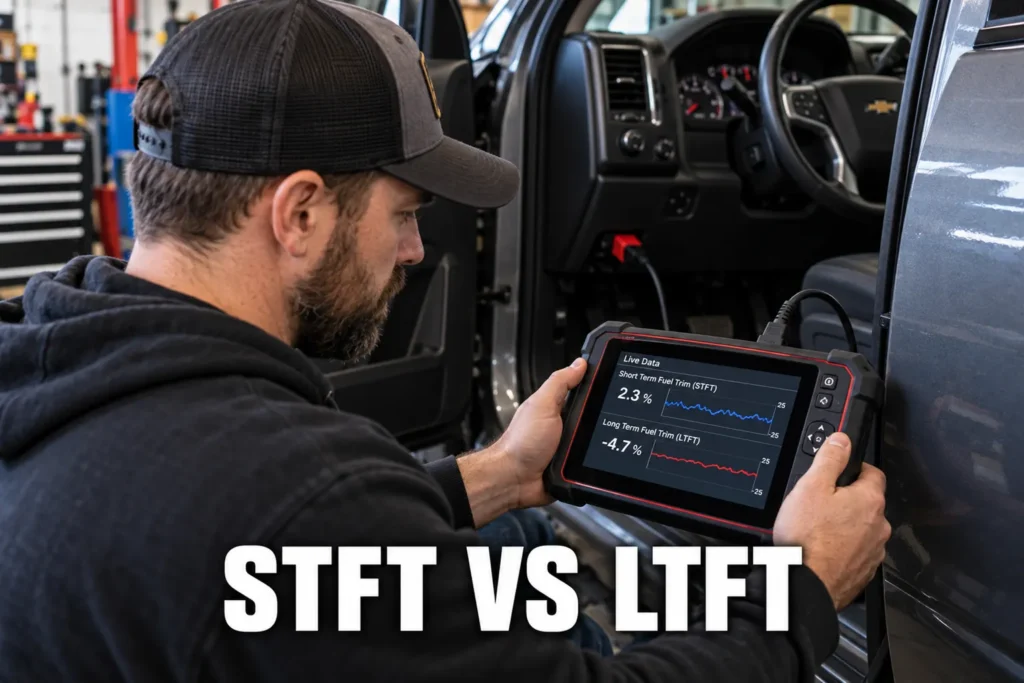 Mechanic comparing short-term and long-term fuel trim percentages and graphs on a scan tablet.