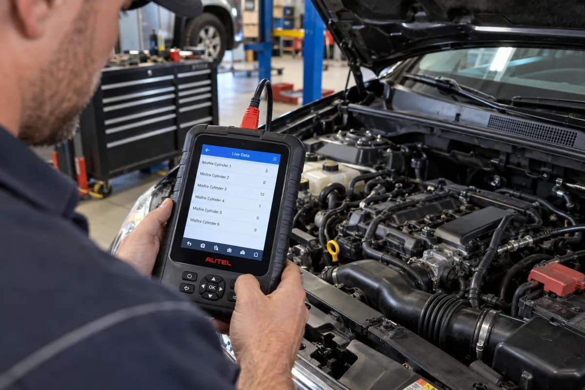 Mechanic observing live per-cylinder misfire counts on a diagnostic scanner beside an open engine bay.