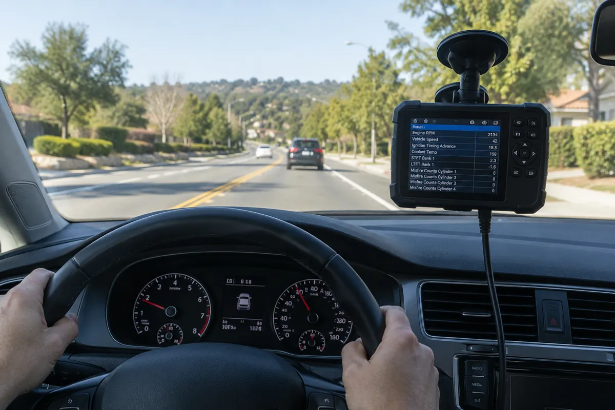 In-car view of a dashboard-mounted scan tool recording live OBD2 readings during a suburban test drive.