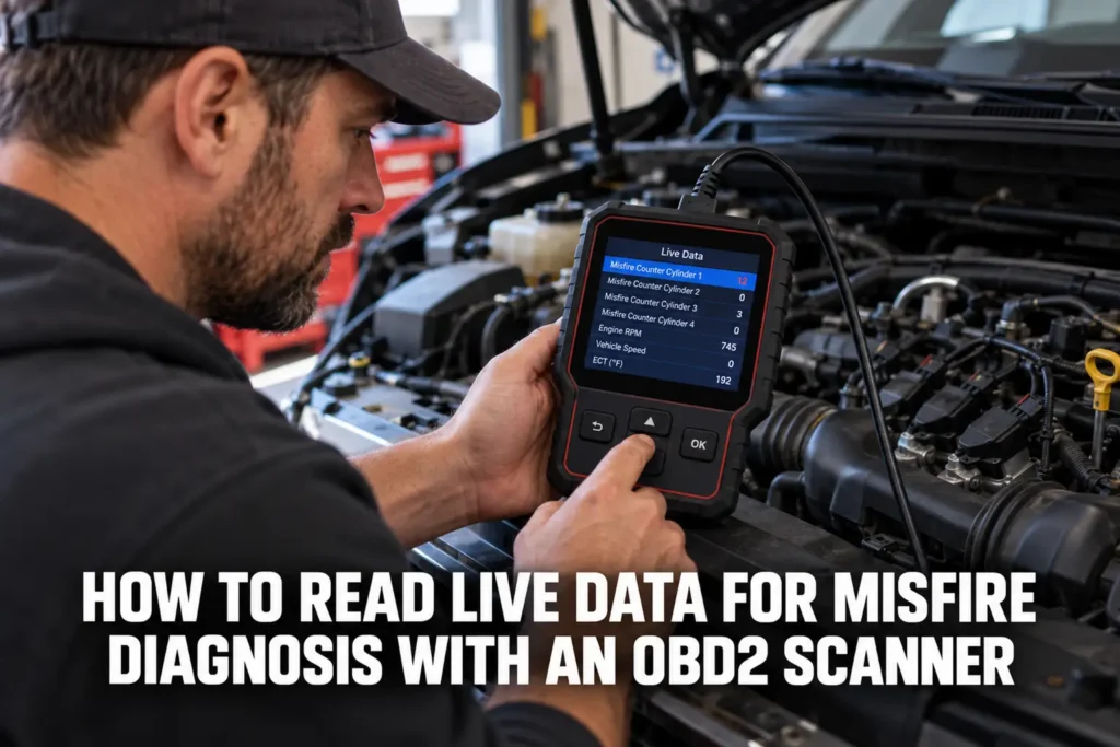 Automotive scan tool displaying cylinder misfire counters while a technician inspects the engine.
