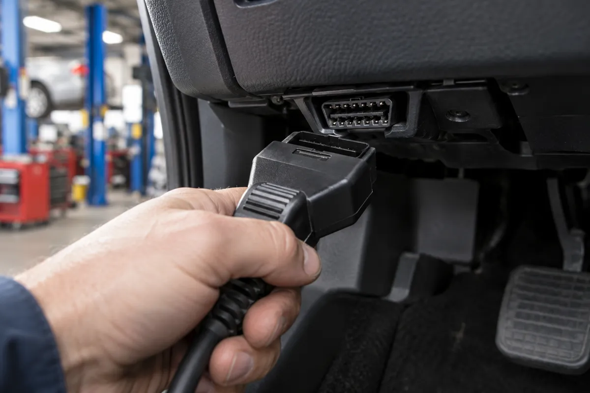 Hand positioning a scanner cable plug at the 16-pin OBD2 diagnostic link connector in a vehicle footwell.