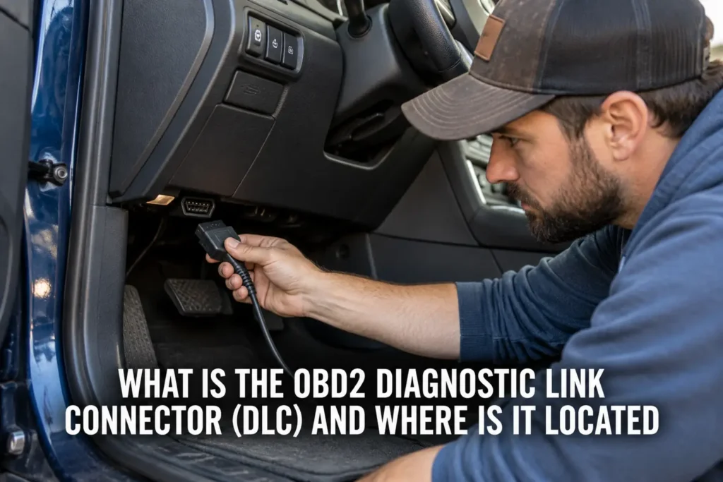 Car owner locating the OBD2 diagnostic link connector underneath the driver-side dashboard.