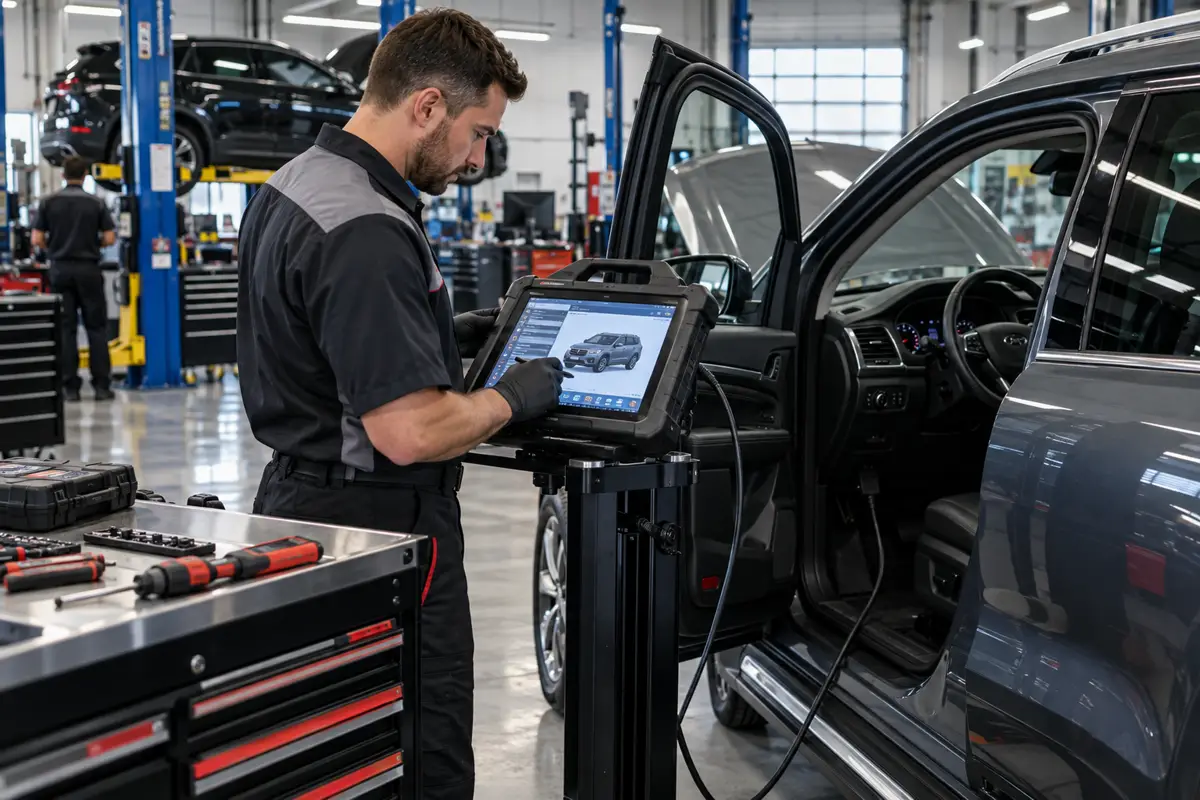 Professional technician using a dealer-level diagnostic programming tablet connected to a vehicle in a service bay.