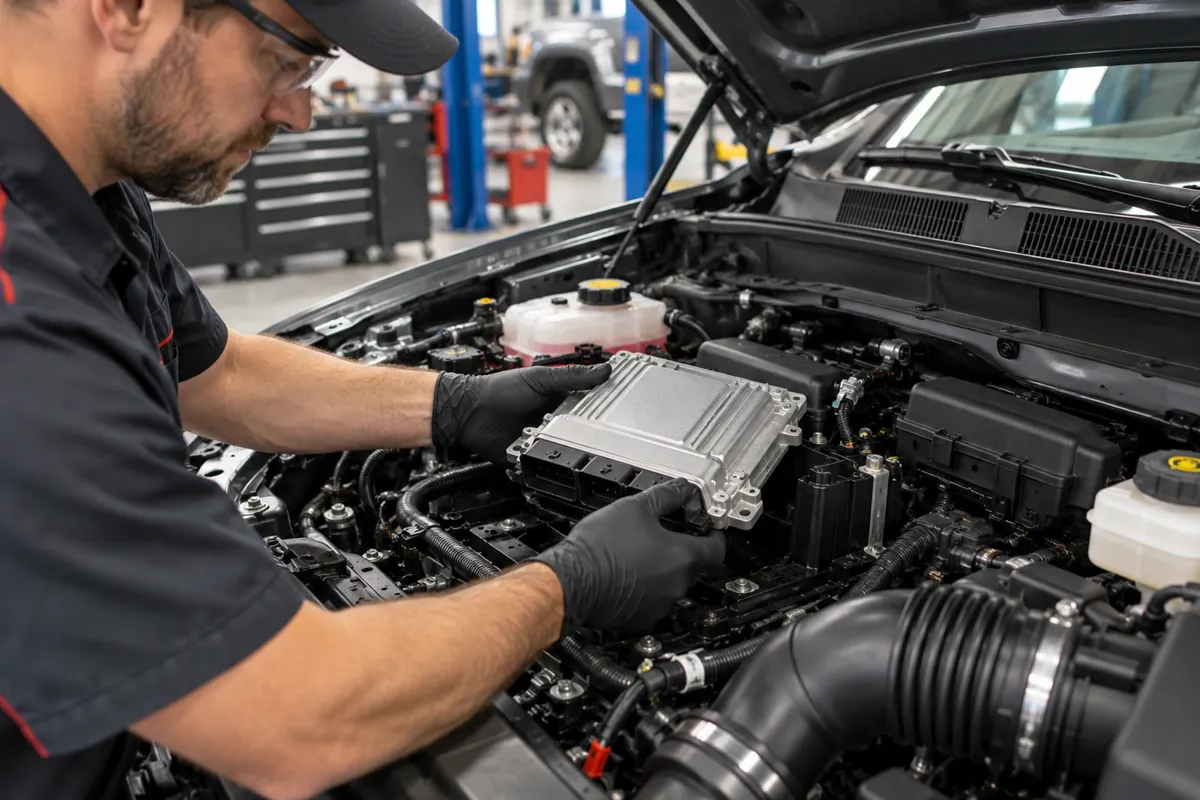 Mechanic wearing gloves positioning a replacement engine control unit inside a car's engine compartment.