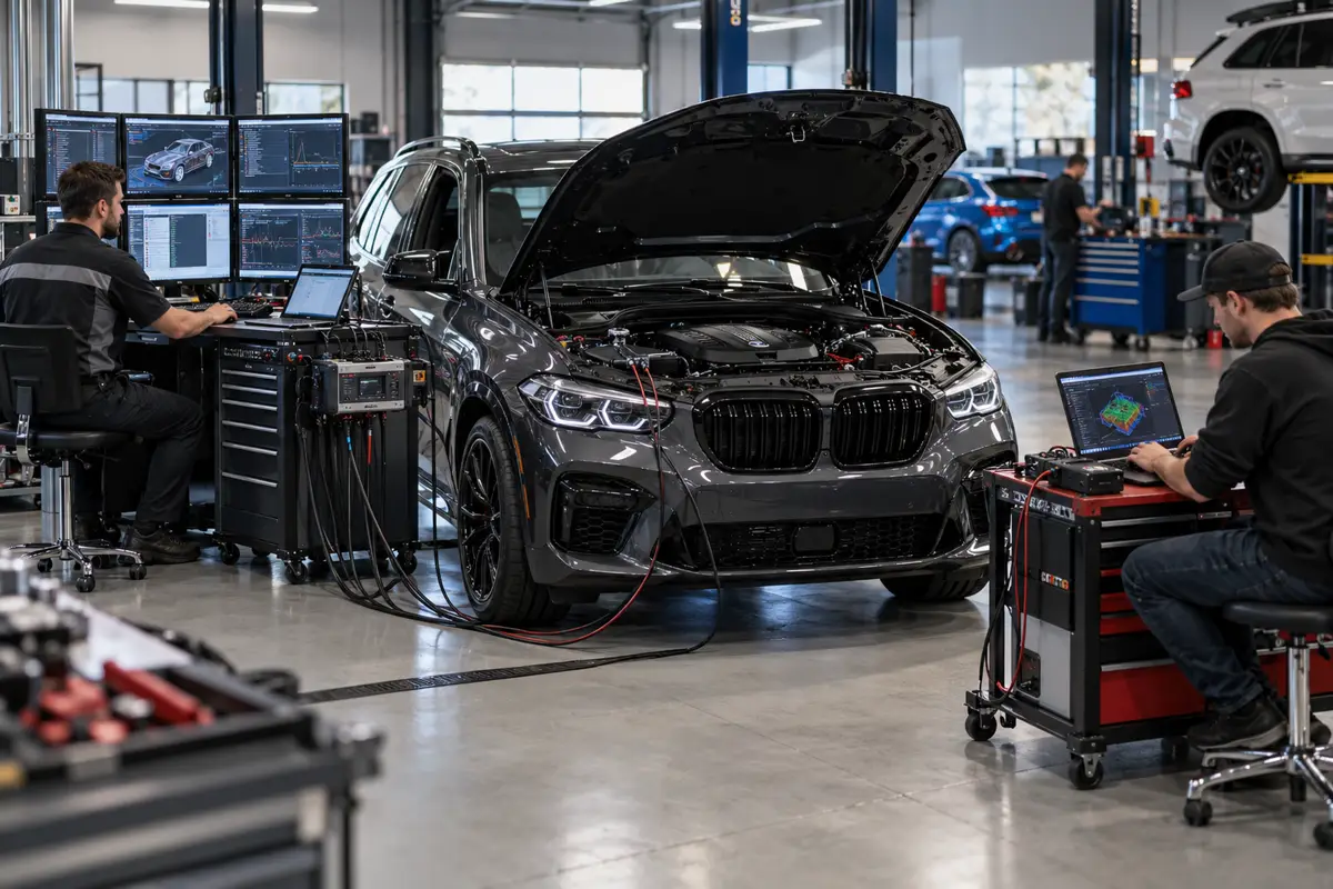 Automotive programming bay with a vehicle connected to multiple diagnostic computers for ECU coding and flashing.