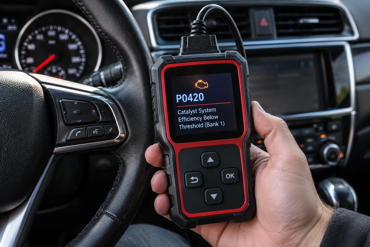 Entry-level OBD2 scanner displaying generic P0420 catalytic converter efficiency trouble code inside a car.