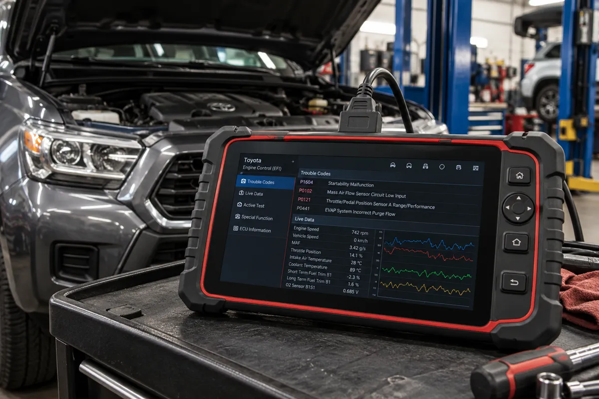 Professional diagnostic scanner displaying manufacturer-specific fault codes and extended live vehicle data in a workshop.