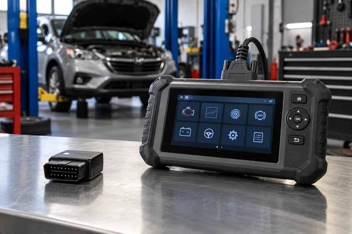 Compact Bluetooth OBD2 adapter beside a professional diagnostic scan tablet on an automotive workbench.