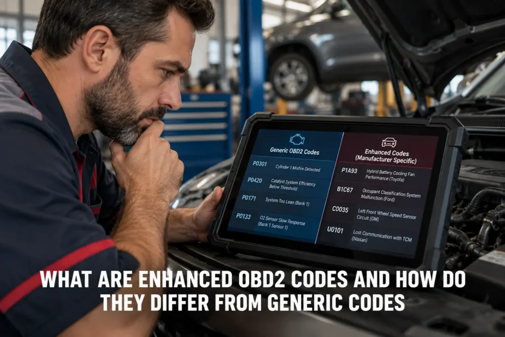 Automotive diagnostic tablet comparing generic OBD2 trouble codes with manufacturer-specific enhanced codes.
