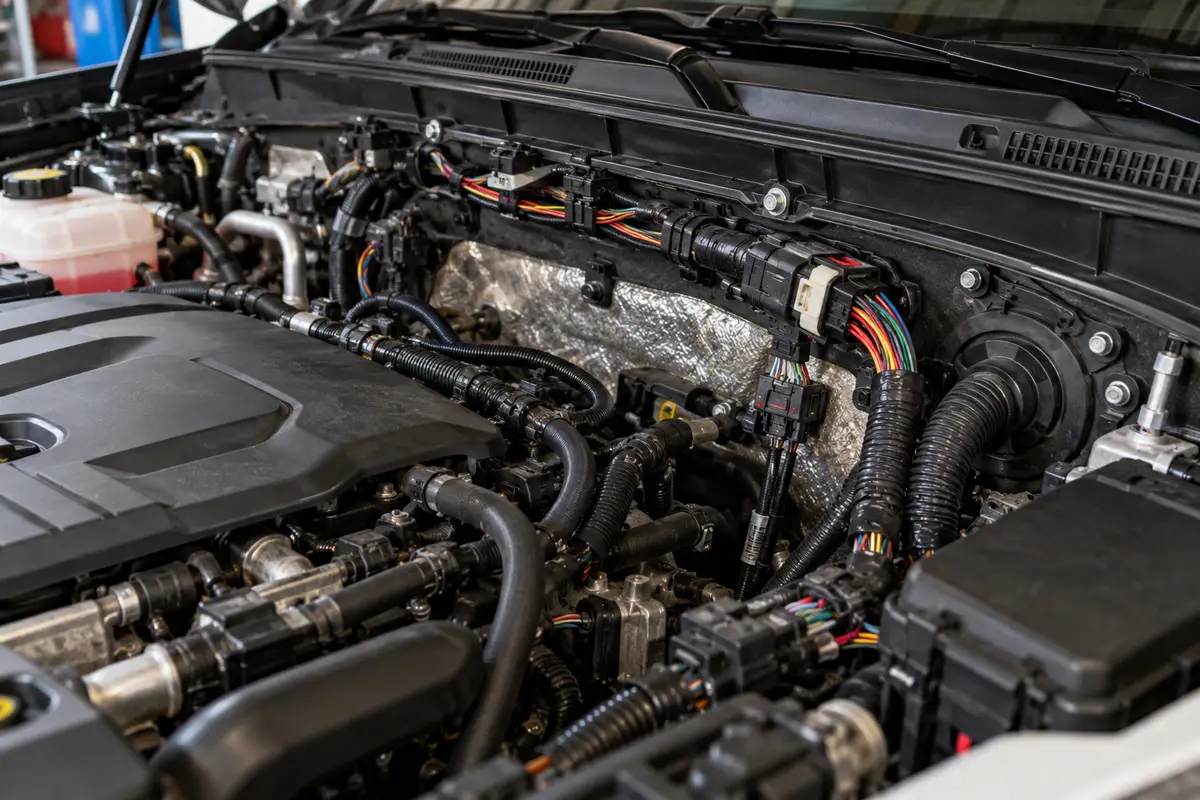 Modern engine bay with network wiring harnesses, connectors, and cables routed into the firewall as part of the vehicle CAN bus system.