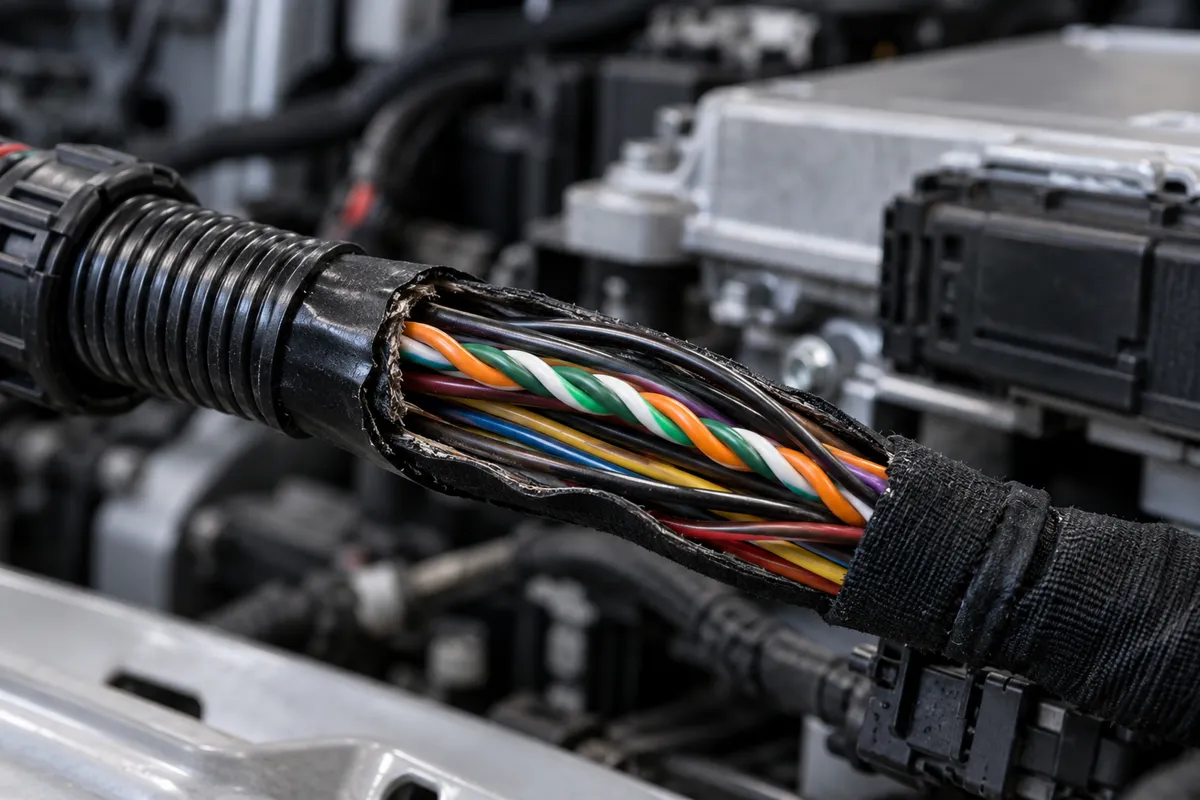 Close-up of an opened automotive wiring harness exposing the twisted-pair wires used for CAN bus communications.