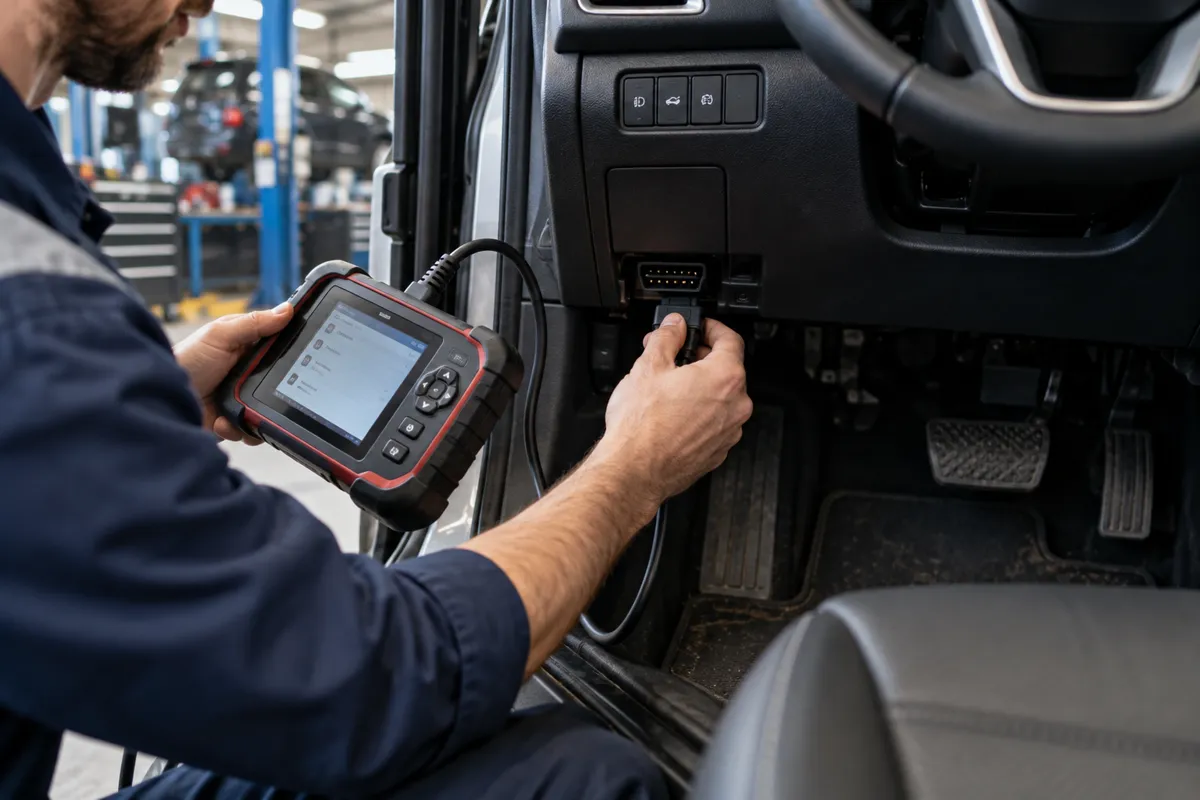 Mechanic connecting a professional OBD2 diagnostic scanner to the vehicle diagnostic port to access CAN bus data.