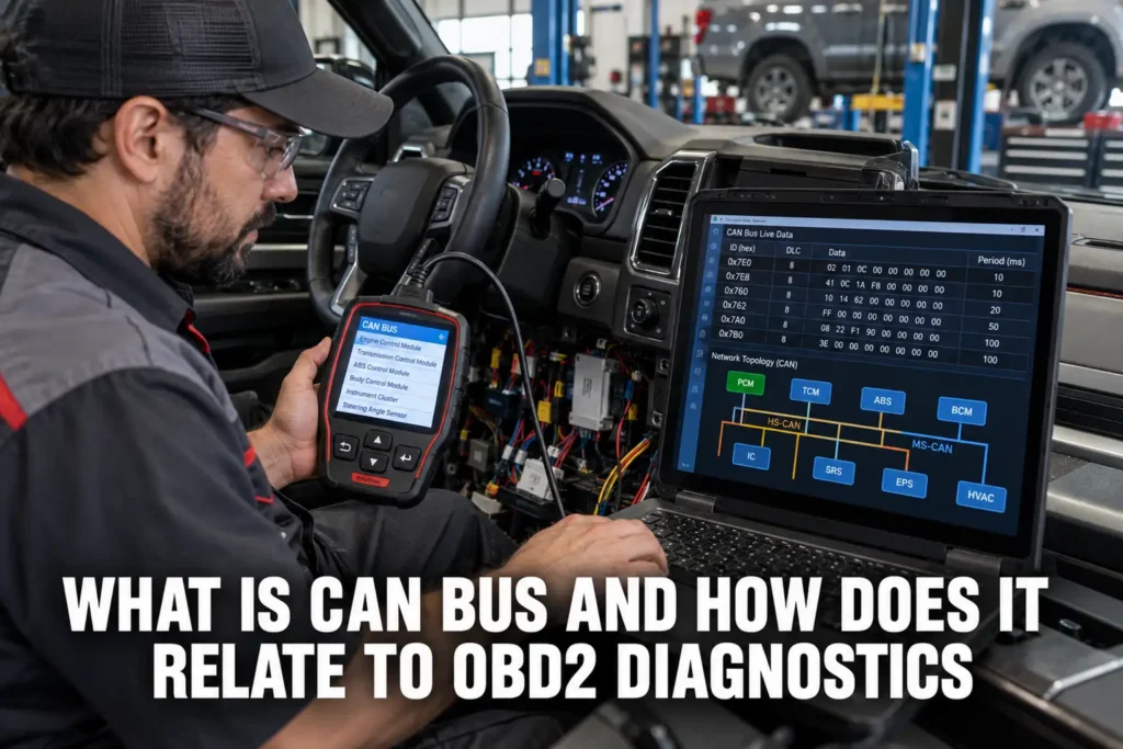Technician checking CAN bus communication and electronic control module network data on a laptop.