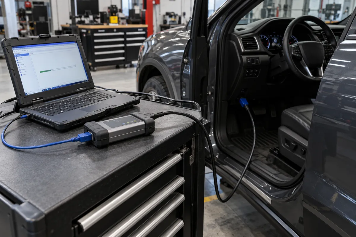 J2534 pass-thru programming interface connected by cables between a rugged laptop and a vehicle OBD2 port in a workshop.