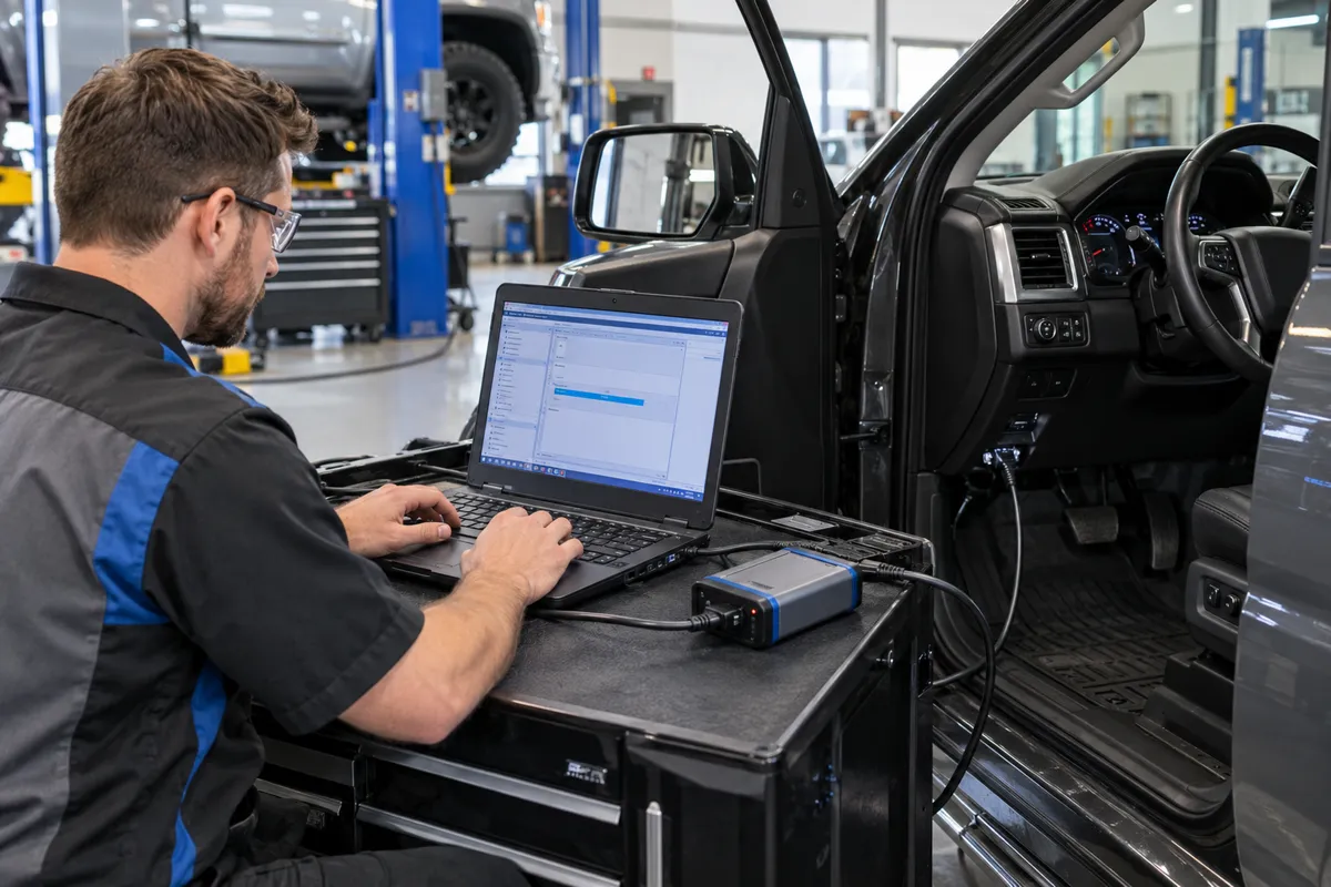 Automotive technician using a laptop and J2534 pass-thru interface to run vehicle ECU programming software.