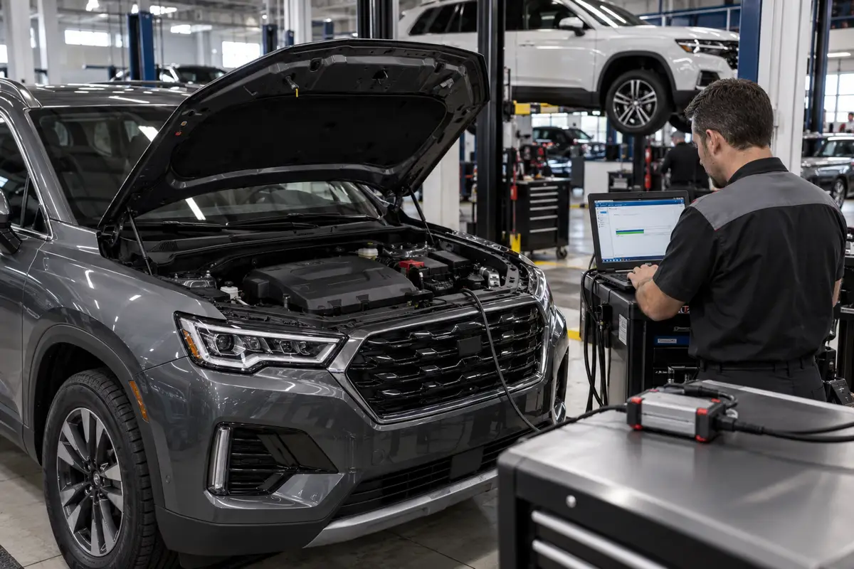 Technician monitoring ECU reprogramming on a connected laptop beside a vehicle in a professional service bay.