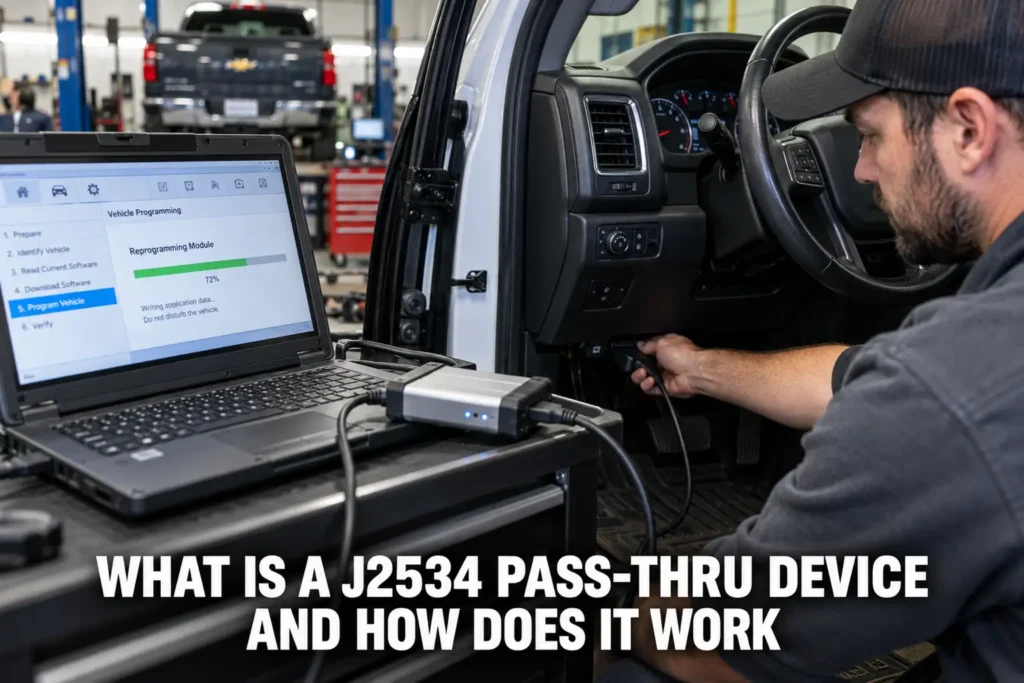 Vehicle programming laptop and J2534 pass-thru interface connected to a car diagnostic port.
