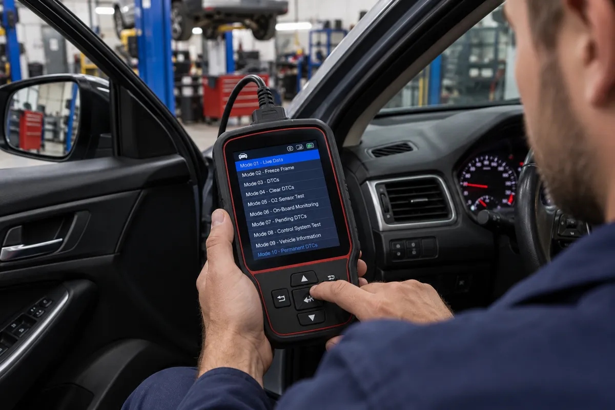 Mechanic holding an OBD2 scanner that displays a diagnostic menu of vehicle operating modes while seated by an open car door.