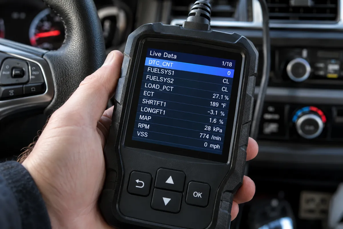 Close-up of an OBD2 code reader displaying live engine data such as fuel trims, temperature, engine load, and RPM.