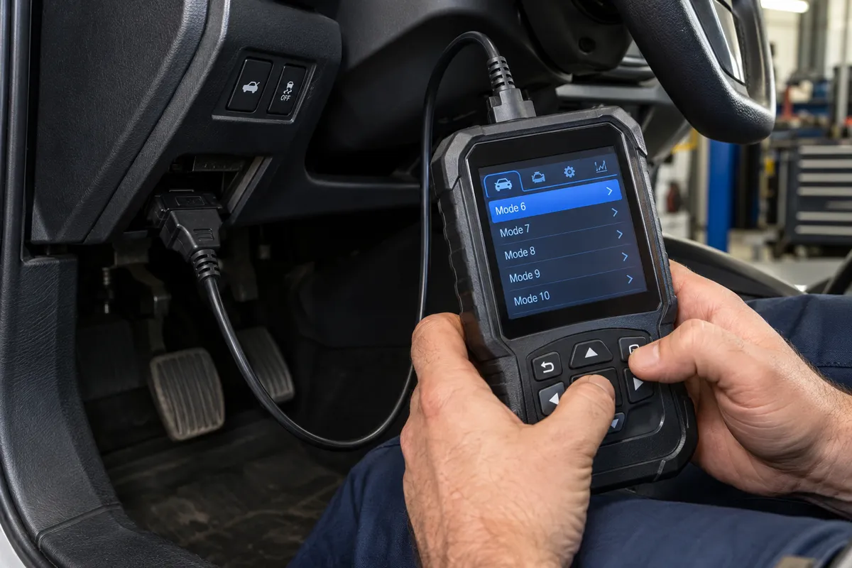 Scan tool plugged into the vehicle OBD2 port while a technician navigates advanced diagnostic modes 6 through 10.